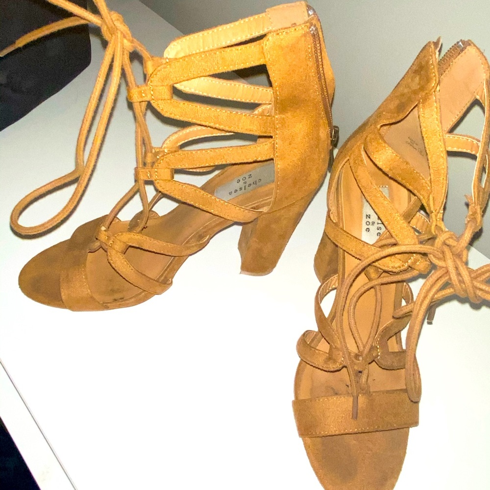 Tan block heel lace up sandal size 8 revolve